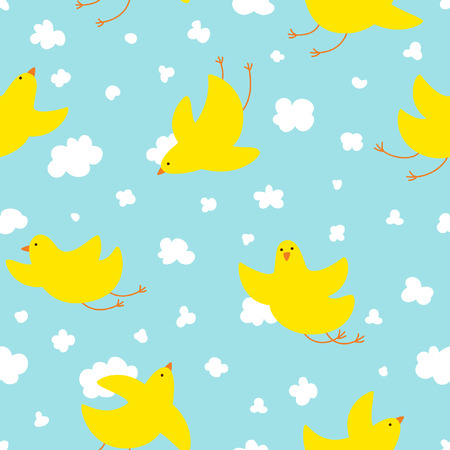 Seamless pattern with yellow cute bird soaring in the clouds. For children fabric, postcards, prints, posters, covers, wallpaperのイラスト素材