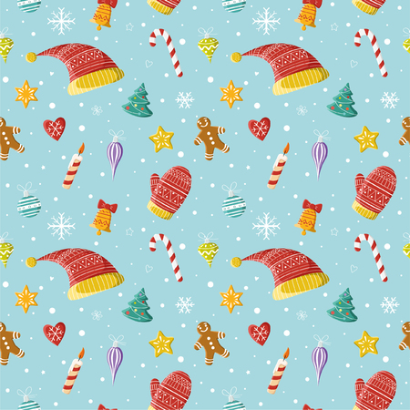 Christmas seamless pattern. New year and Christmas objects: Christmas decorations, hats, mittens. Picture for prints, Christmas cards, decoration, covers, poster, print, banner, invitation.のイラスト素材