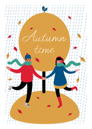 Sweethearts boy and girl under the tree with bird in autumn season. Rain. Falling Leaves. illustration for postcards, calendars, posters, prints.のイラスト素材