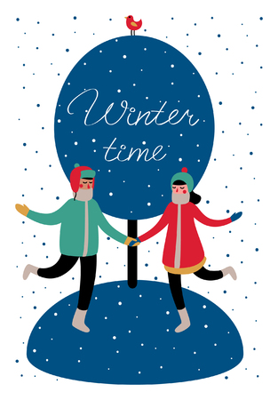 Sweethearts boy and girl under the tree with bird in winter season. Around falling snow flakes. illustration for postcards, calendars, posters, prints.のイラスト素材