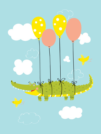 Cute crocodile flies in the sky on balloonsのイラスト素材