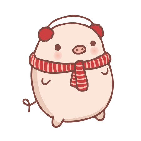 Vector cute hand drawn cartoon pig, symbol of 2019 Chinese New year, in the scarf on the white background.のイラスト素材