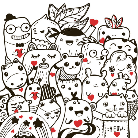 Doodling kawaii hand drawn vector illustration black and white tattoo coloring. Valentines day greeting card. Cute cartoon characters with red hearts.のイラスト素材