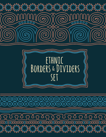 Set of decorative linear geometrical borders and dividers pattern brushes in mexican aztec tribal style.のイラスト素材