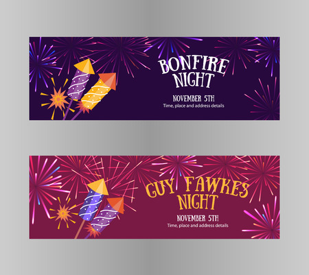 Bonfire night (Guy Fawkes day) flayers contains firecrackers, fireworks and text block on the purple backgroundのイラスト素材