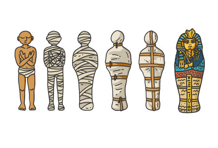 Mummy creation; A six step process showing how the ancient egyptians wrapping the mummies during...