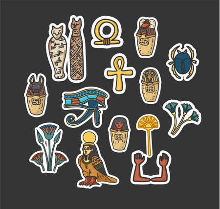 Stickers Set of Ancient Egyptian sacred and cultural symbols including mummyfied cats, eye of horus, scarab, canopic jars; ka; ba; floral decoration elements. Isolated vector illustrations.のイラスト素材