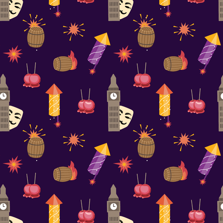Bonfire night (Guy Fawkes day) pattern contains the following elements: House of parlament, Guy Fawkes mask, barrel of gunpowder, bonfire, firecrackers, toffee apples on the purple backgroundのイラスト素材