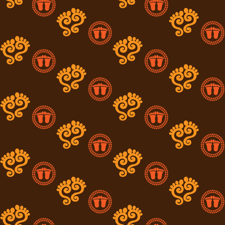 Seamless vector pattern with traditional Indian design of rangoli with yellow and orange footprints of Krishna or Lakshmi.のイラスト素材