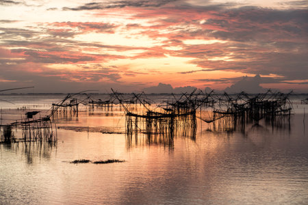 Asia Fishermen in the early morning golden light at Klong Pak Para, a wetland, Phatthalung, Thailand.の写真素材