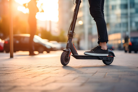 generated Ai,environmental concept Personal travel in the city with electric scooters non-polluting trafficの素材