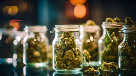 cannabis buds in a glass jar on a table in a restaurantの素材