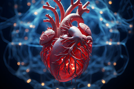Human heart on a blue background. 3d illustration in high detailの素材