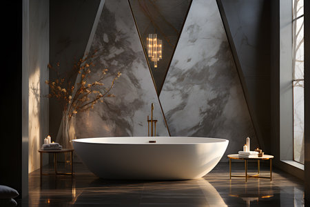 A hexagonal white marble bathtub nestled within a geometrically designed bathroom,AI Generatedの素材