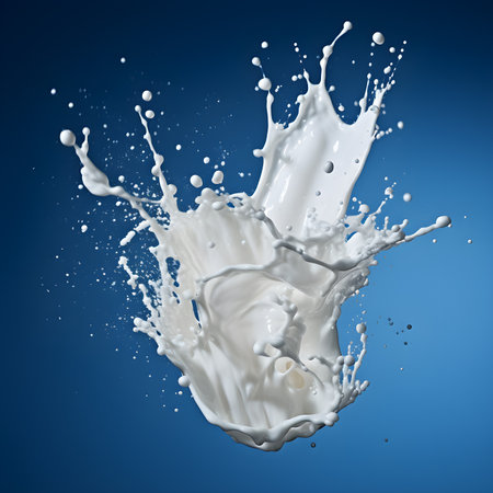Milk splash isolated on blue background. 3d rendering, illustration.の素材