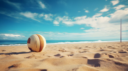 Beach ball on the sand with blue sky and sea background.の素材