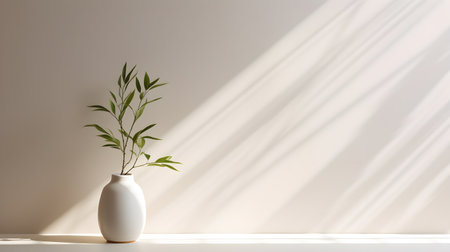 Ceramic vase with plants and blurred leaf shadows On a light colored wall that looks calm and simple. ai generativeの素材
