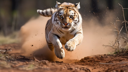 Siberian Tiger running in dust. Beautiful, dynamic and powerful photo of this majestic animal. Set in environment typical for this amazing animal. Birches and meadowsの素材
