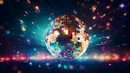 Disco ball with bright rays, night light party retro, ai generativeの素材