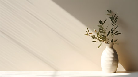 Ceramic vase with plants and blurred leaf shadows On a light colored wall that looks calm and simple. ai generativeの素材