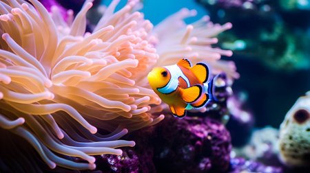 Clown anemonefish swimming in a colorful anemoneの素材