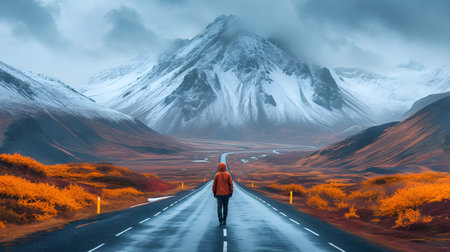 An empty road with mountains in the backgroundの素材