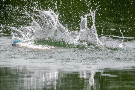 Splashes of water in the form of a spray on a green backgroundの写真素材