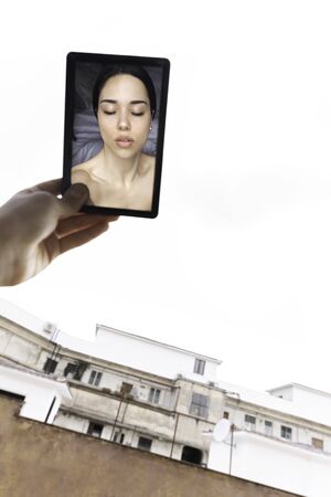 beautiful girl reflected in the mirrorの写真素材