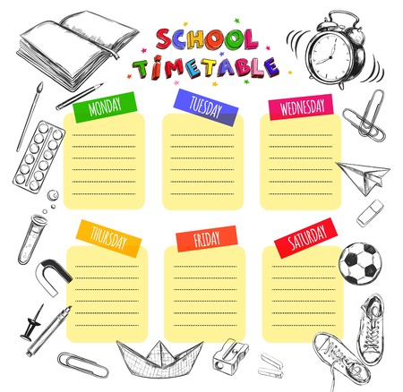 Vector Template School timetable for students and pupils. Illustration includes many hand drawn elements of school supplies.のイラスト素材
