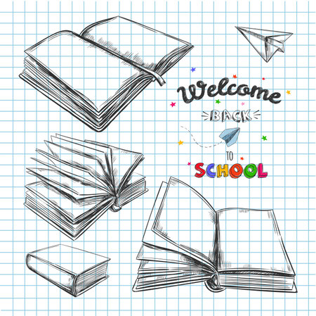 Welcome back to school concept, Vector hand drawn illustration. Chalkboard lettering. Typography. Sketch style. Booksのイラスト素材