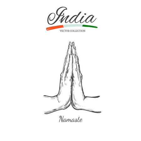 Namaste. Indian mudra. Spirituality. India. Yoga. Vector hand drawn poster, template, print.のイラスト素材