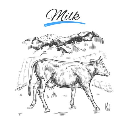 Farm landscape with cowのイラスト素材