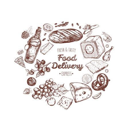 Food delivery frame. Vector hand drawn illustrationのイラスト素材
