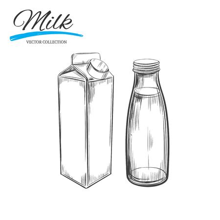 Dairy products vector collection. Milk box and bottle. Hand drawn illustrationのイラスト素材