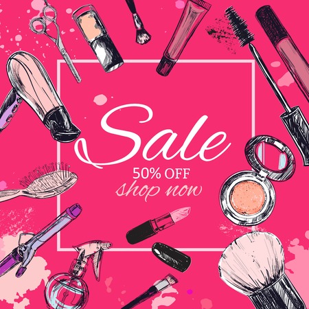Beauty store SALE background with make up artist and hairdressing objects: lipstick, cream, brush.のイラスト素材