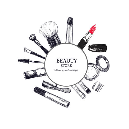 Beauty store emblem with type design and cosmetics. Beauty salon. Make upのイラスト素材
