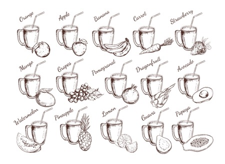 Glasses with straw and fruits on its side. Juices collection. Vector hand drawn illustration. Isolated objects on whiteのイラスト素材