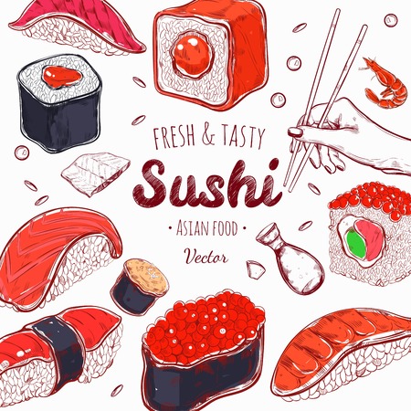 Asian Food poster. Vector hand drawn, Sushi.のイラスト素材
