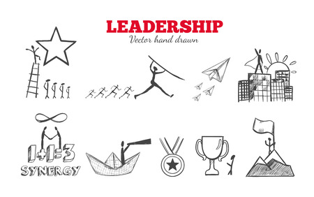 Leadership vector hand drawn Infographic icons set. Business strategy, financial managament and office isolated objectsのイラスト素材
