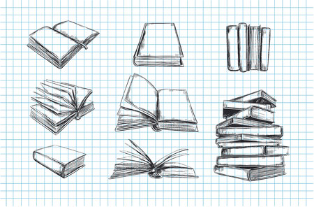 Books vector collection. Pile of books Hand drawn illustration in sketch style.のイラスト素材
