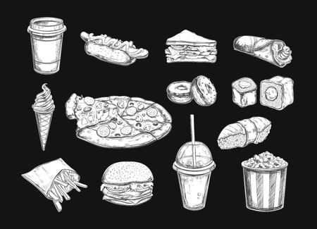 Fastfood dishes with drinks Vector illustration.のイラスト素材