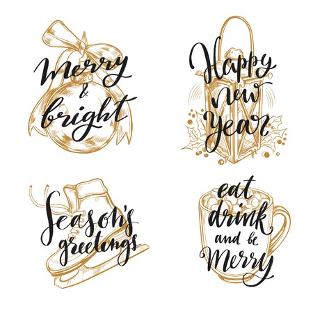 Christmas and New Year posters and labels vector collection. Merry Christmas handwritten Lettering and Calligraphy. Sketch illustrationsのイラスト素材