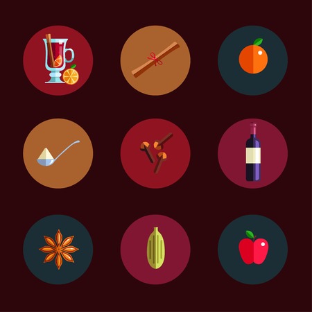 Mulled wine infographic concept. Winter season Hot drink icons. Vector illustration in Flat style. Isolated objects. Christmas and New Year menu templateのイラスト素材