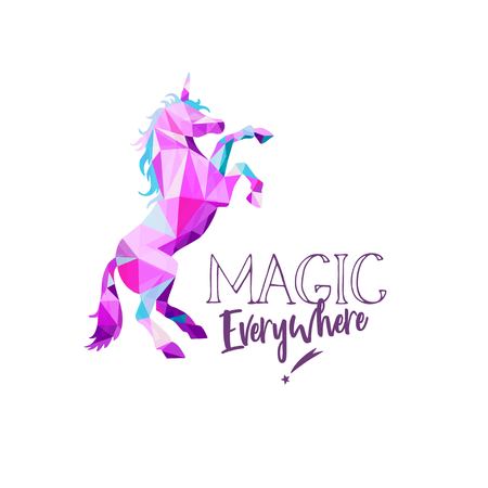 Unicorn in geometric Low Poly style . Vector hand drawn Inspirational illustration for print, banner, poster. Magic everywhere motivational letteringのイラスト素材