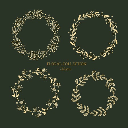 Herbal tea and floral doodle set. Vector hand drawn botanical illustration with decorative wreath. Isolated objects on whiteのイラスト素材