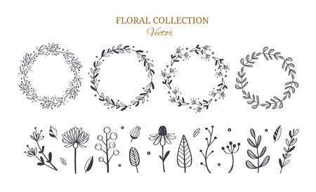 Herbal tea and floral doodle set. Vector hand drawn botanical illustration with decorative wreath. Isolated objects on whiteのイラスト素材