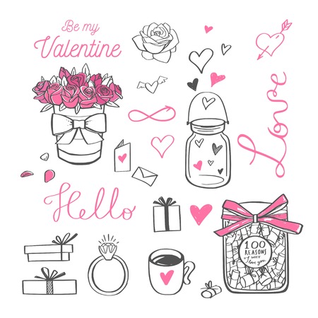 Happy Valentines day vector doodle set. Handwritten Lettering . Isolated objectsのイラスト素材