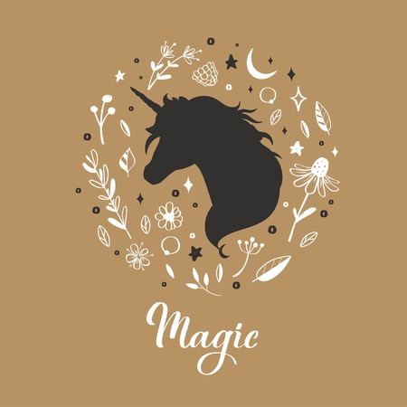 Vector Silhouette of Unicorn in the flower, rustic pattern. Fairy tale forest card, poster, background, tattoo conceptのイラスト素材