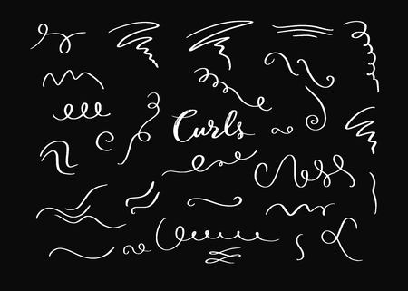 Vector hand drawn decorative curls elements, swirls, flourishes and text calligraphy dividersのイラスト素材