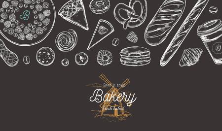 Bakery hand drawn vector top view illustration, collection. Hand drawn sketch with bread, pastry, sweets, cakes, coffee and croissant. Isolated objectsのイラスト素材